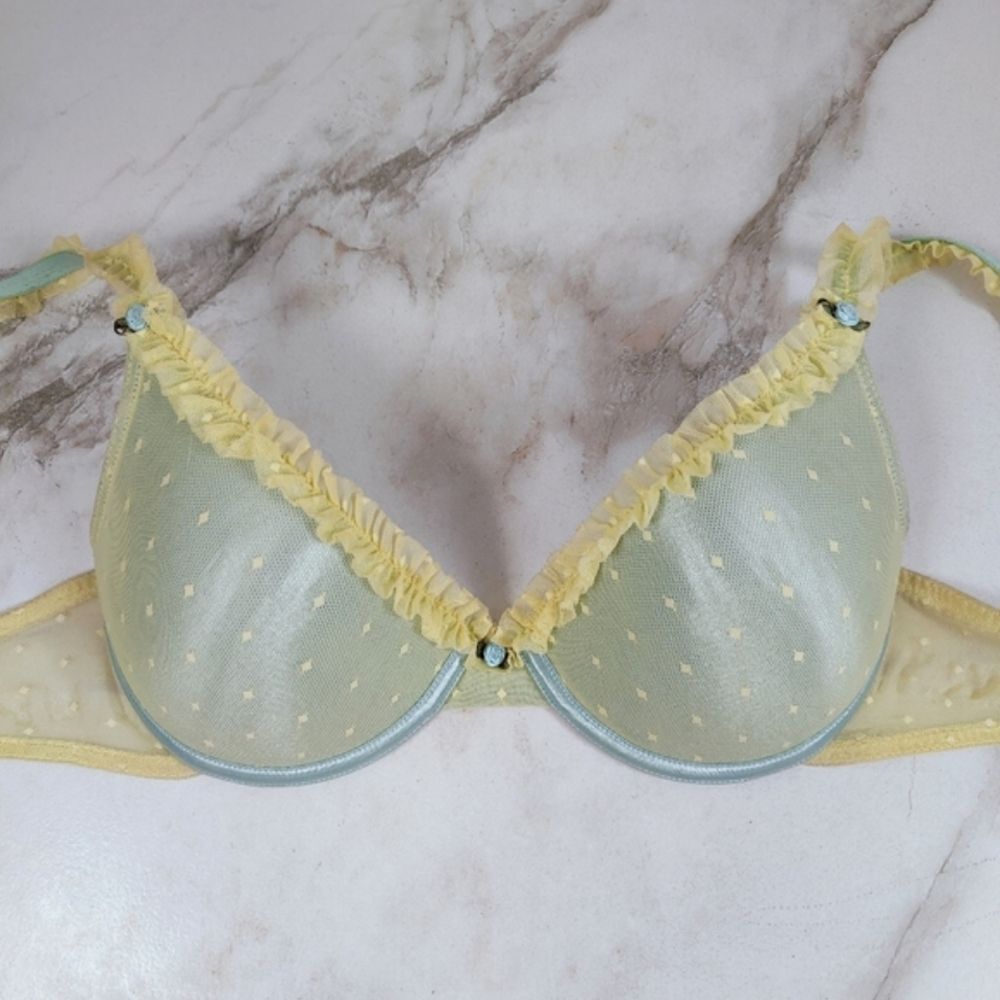 Delicates Blue Yellow Lace Overlay Ruffle Padded Push Up Bra, Sz 38C